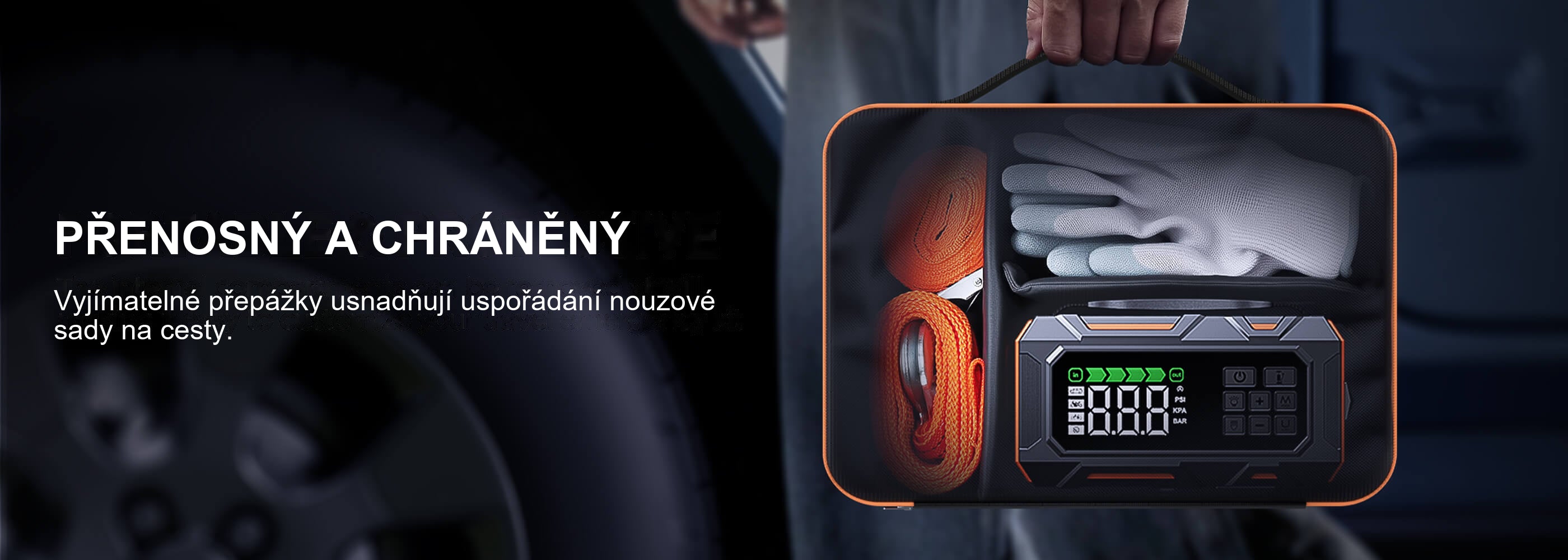 Buture Beta09 · PŘENOSNÝ A CHRÁNĚNÝ · Vyjímatelné přepážky usnadňují uspořádání nouzové sady na cesty.