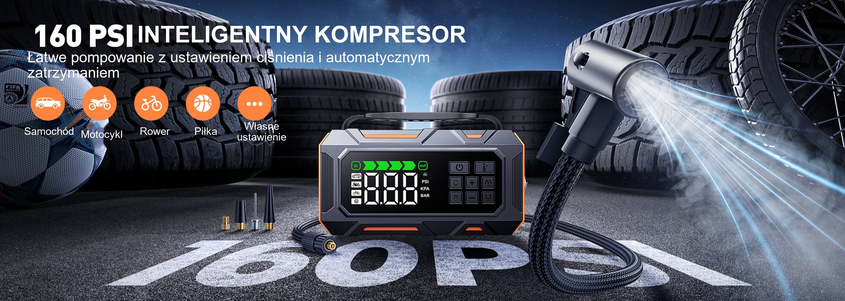 Buture Beta09 · INTELIGENTNY KOMPRESOR · Łatwe pompowanie z ustawieniem ciśnienia i automatycznym zatrzymaniem