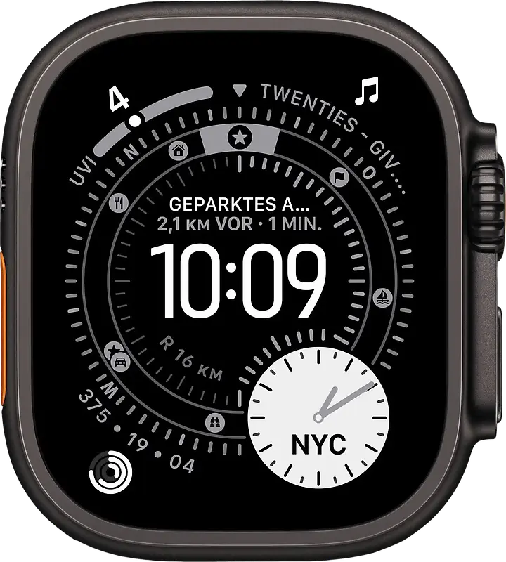 Apple Watch Ultra 3, 49 mm black titanium case, front view