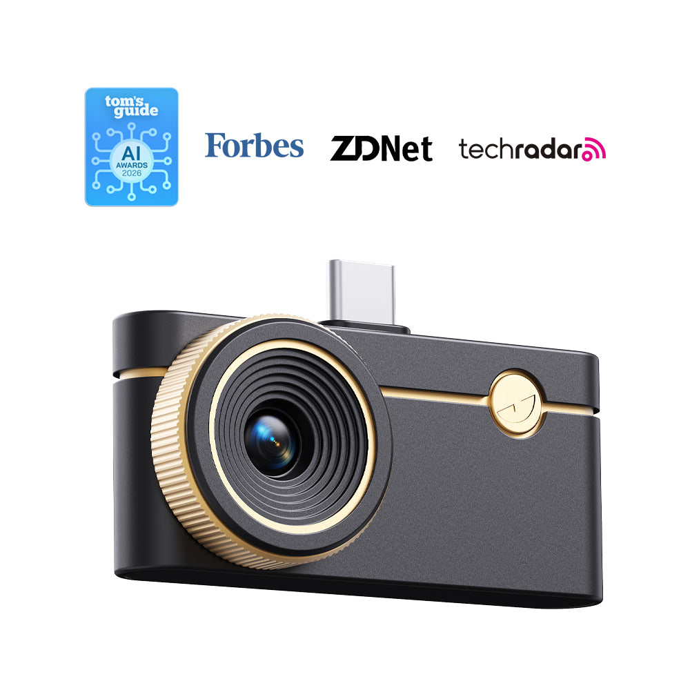 P3 phone thermal camera with media award logos from Tom's Guide, Forbes, ZDNet, and TechRadar