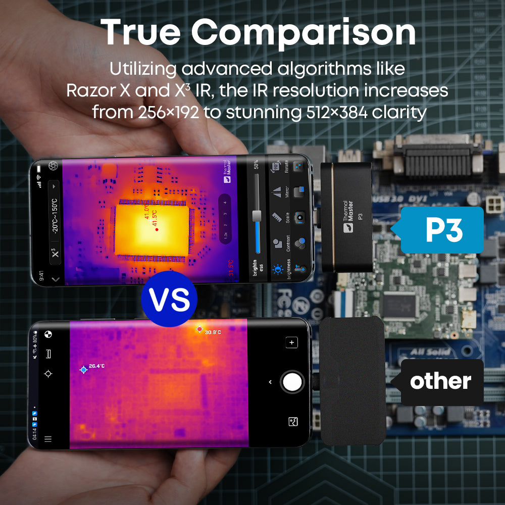Thermal Master P3 phone thermal camera comparing clearer PCB heat detail against another model