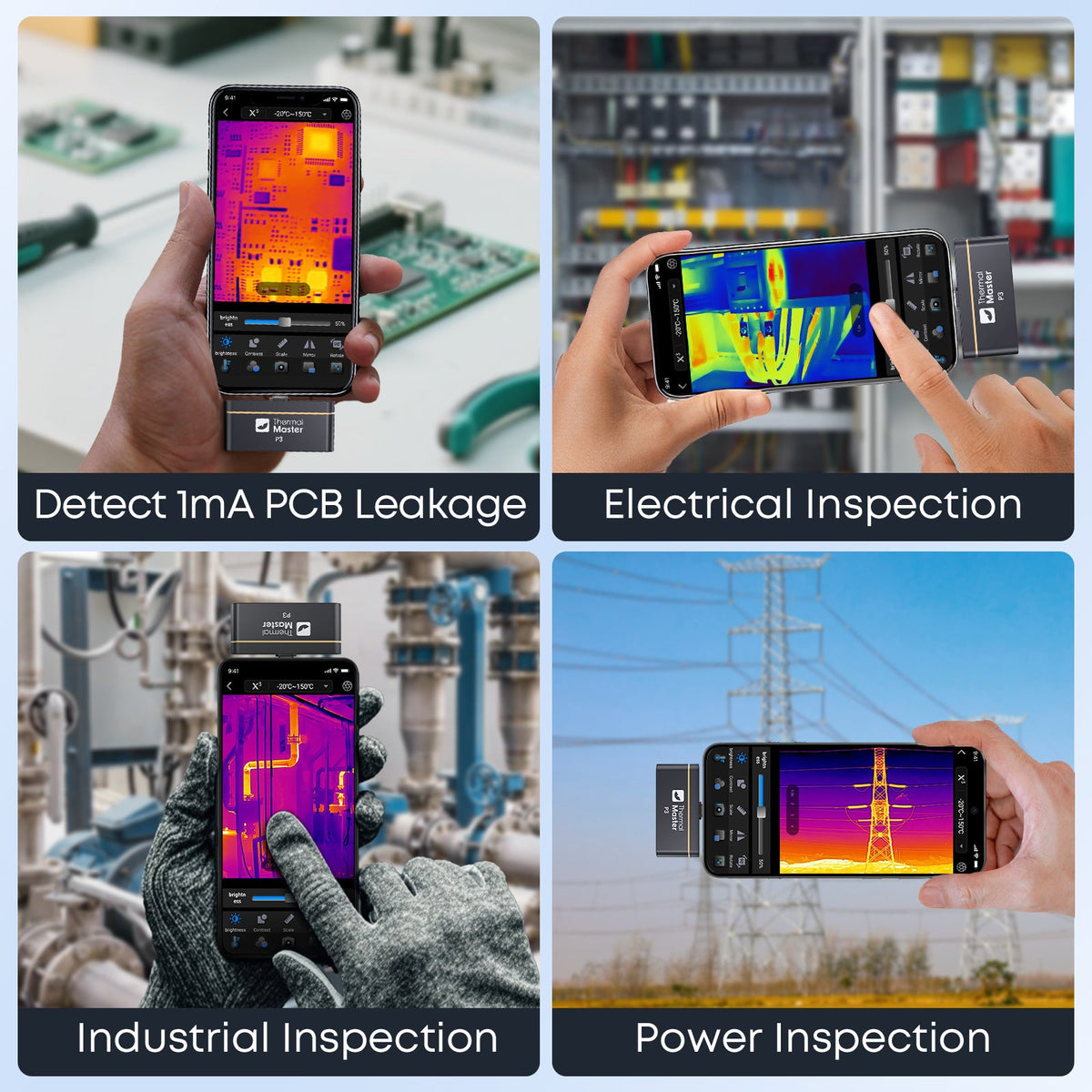P3 inspecting PCB leakage, electrical panels, industrial pipes, and power lines