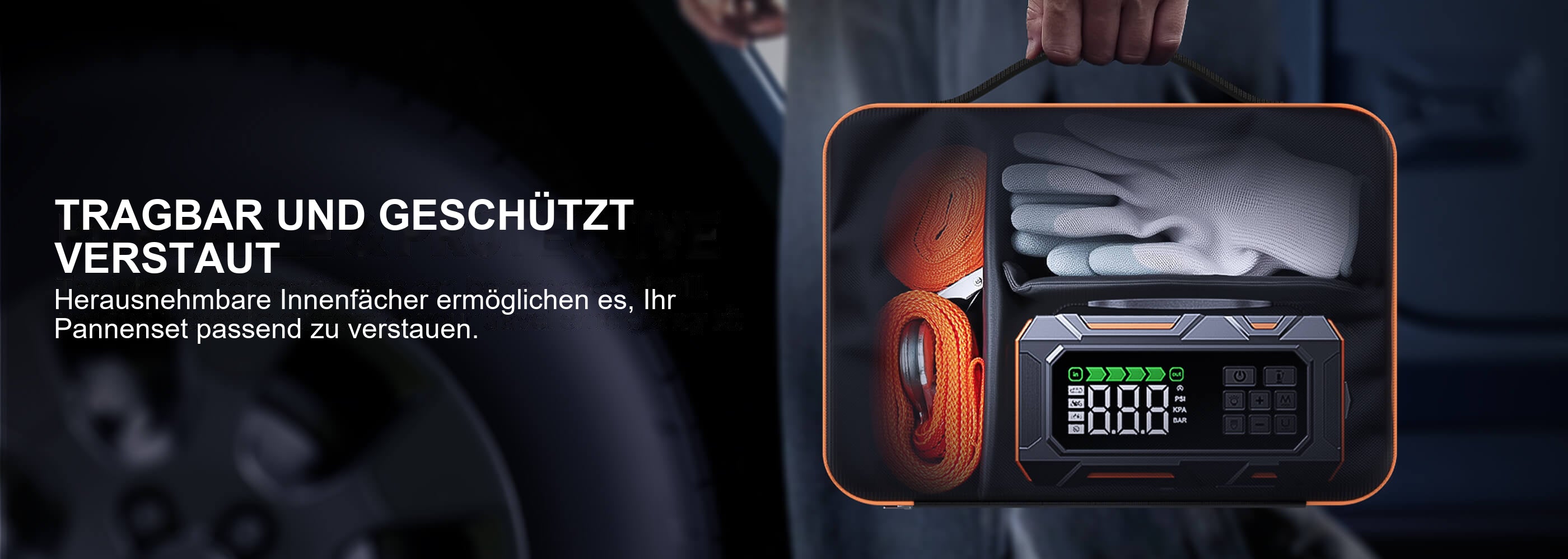 Buture Beta09 · TRAGBAR UND GESCHÜTZT VERSTAUT · Herausnehmbare Innenfächer ermöglichen es, Ihr Pannenset passend zu verstauen.