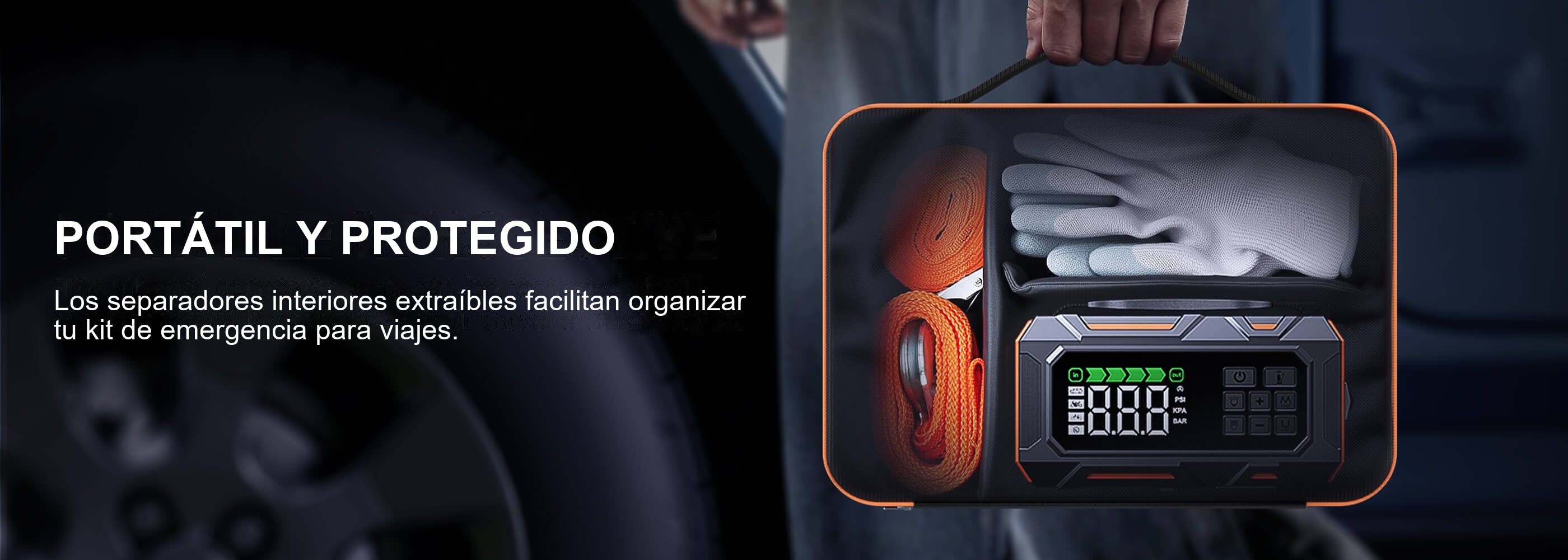 Buture Beta09 · PORTÁTIL Y PROTEGIDO · Los separadores interiores extraíbles facilitan organizar tu kit de emergencia para viajes.