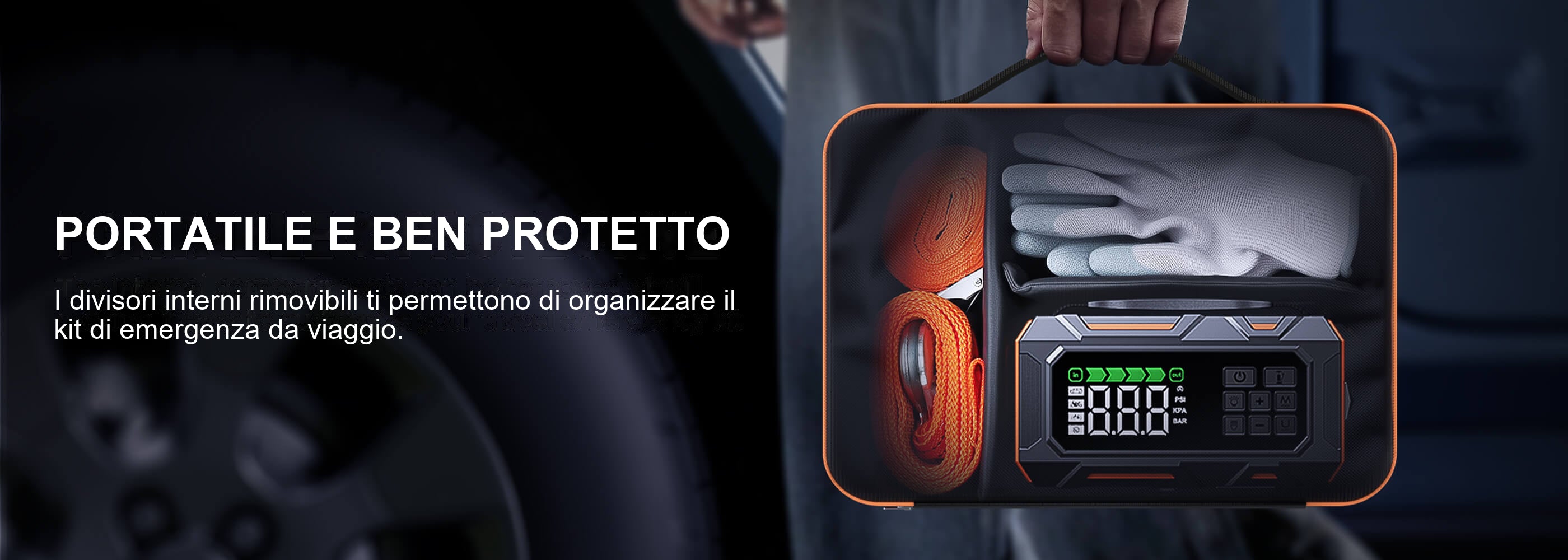 Buture Beta09 · PORTATILE E BEN PROTETTO · I divisori interni rimovibili ti permettono di organizzare il kit di emergenza da viaggio.