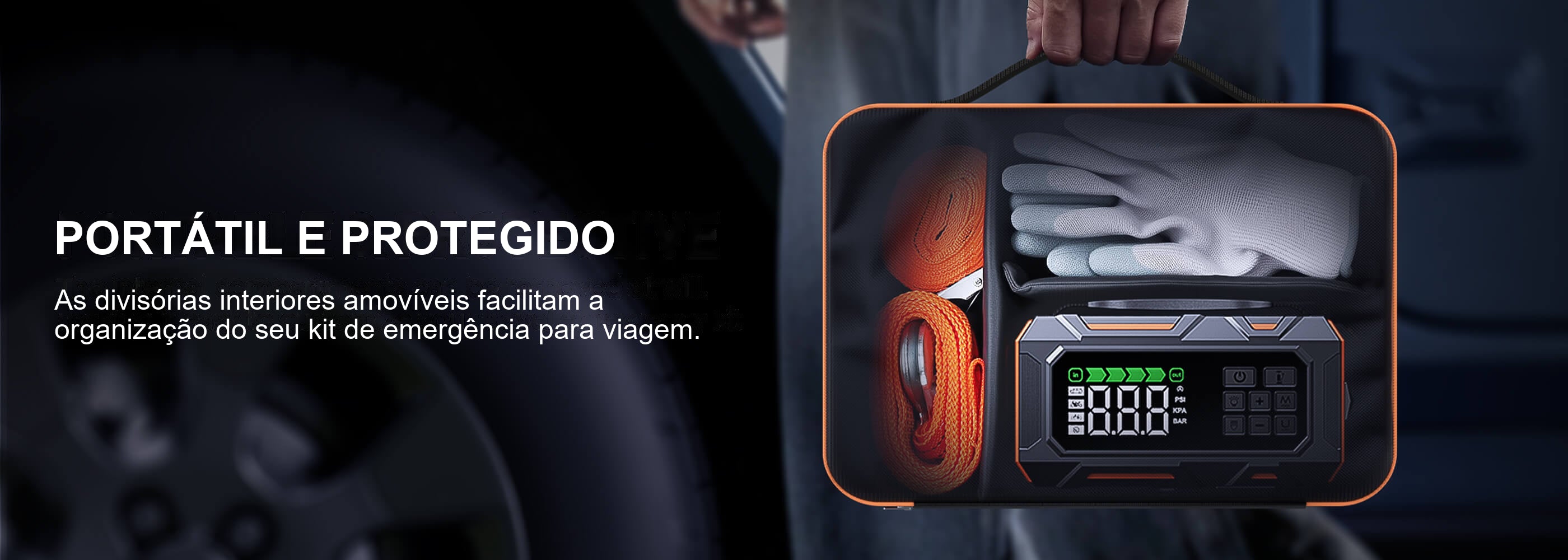 Buture Beta09 · PORTÁTIL E PROTEGIDO · As divisórias interiores amovíveis facilitam a organização do seu kit de emergência para viagem.