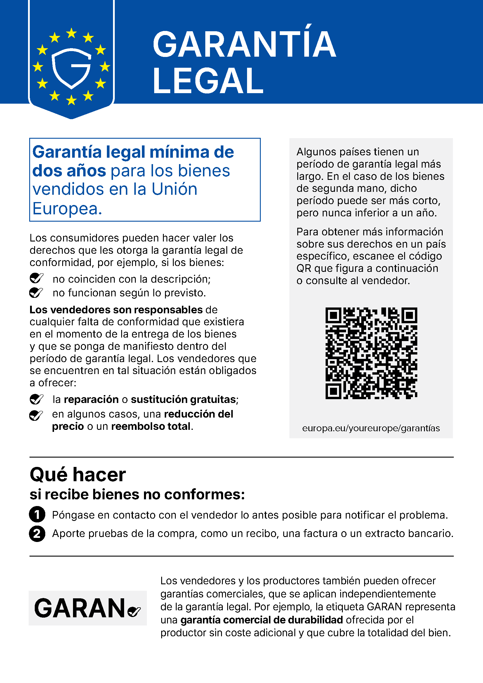 
Aviso oficial de la UE sobre la garantía legal en español.