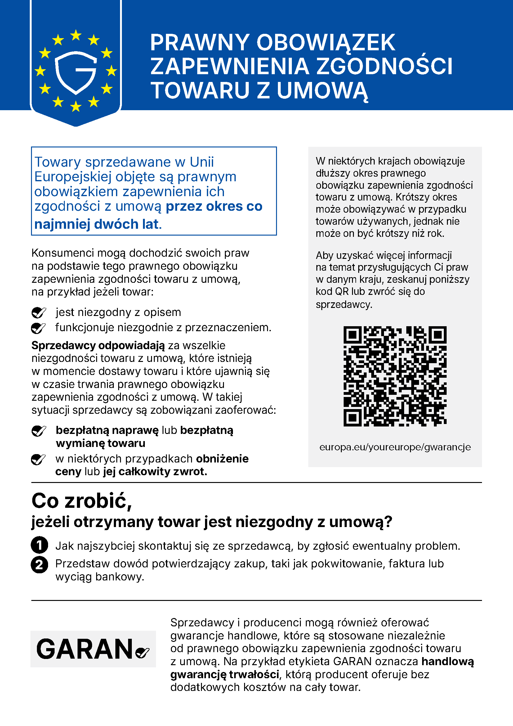 
Oficjalne powiadomienie UE o ustawowej ochronie w razie niezgodności towaru z umową, po polsku.